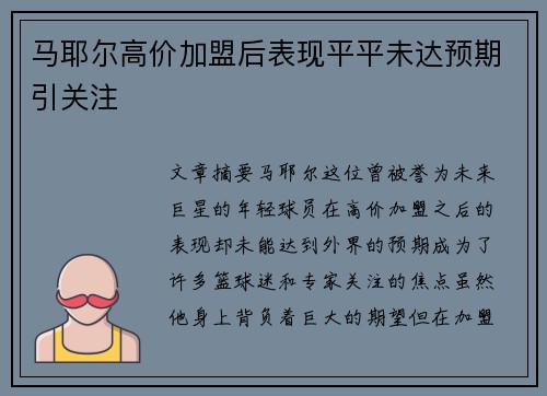 马耶尔高价加盟后表现平平未达预期引关注